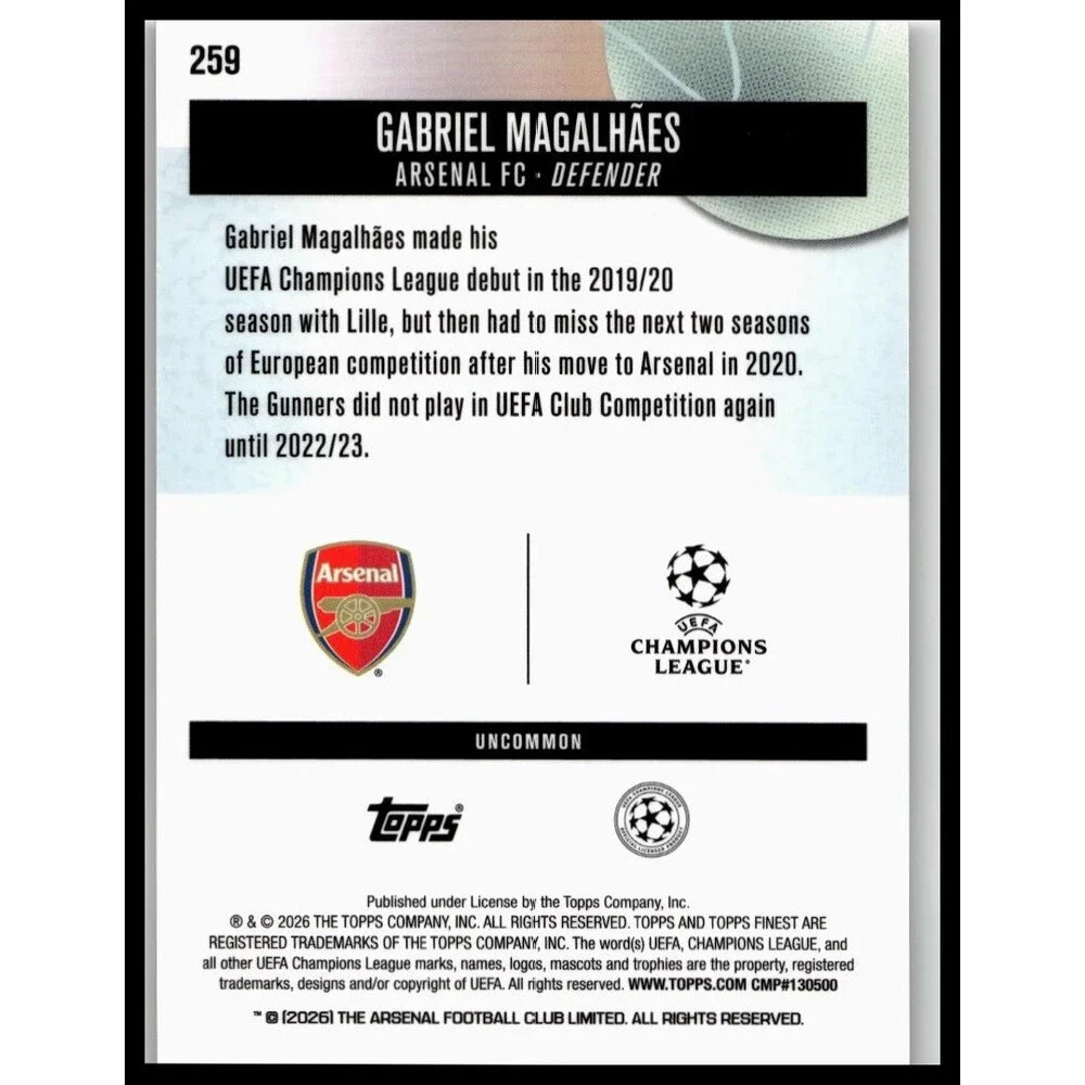 2025-26 Finest UEFA Gabriel Magalhães #259 Arsenal FC Uncommon